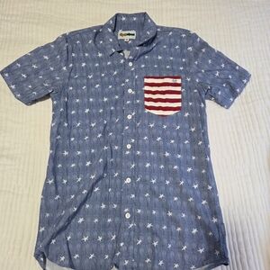 Tipsy Elves Blue Star-Print Short Sleeve Shirt with Red Stripe Pocket